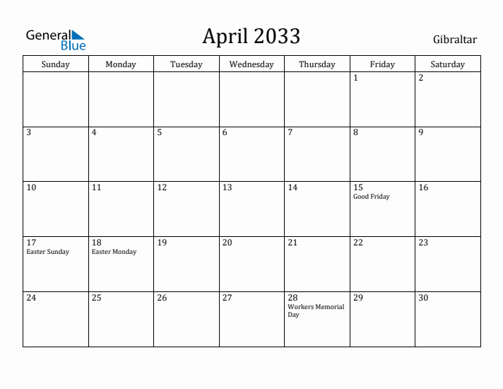 April 2033 Calendar Gibraltar