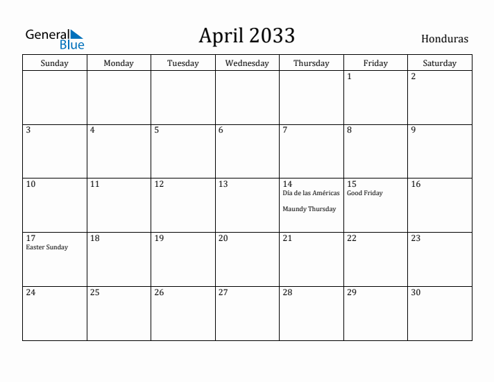 April 2033 Calendar Honduras