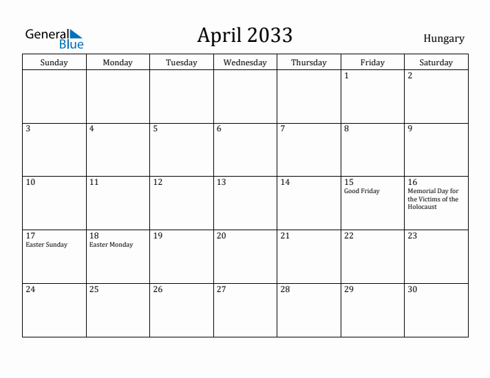 April 2033 Calendar Hungary