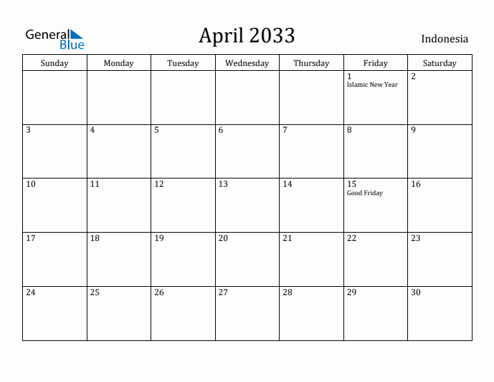 April 2033 Calendar Indonesia