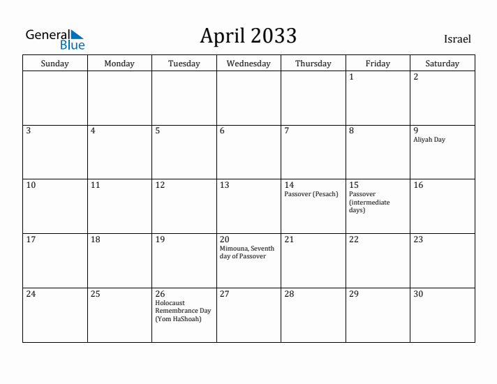 April 2033 Calendar Israel