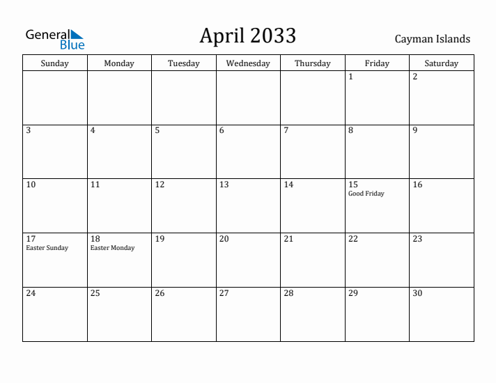 April 2033 Calendar Cayman Islands