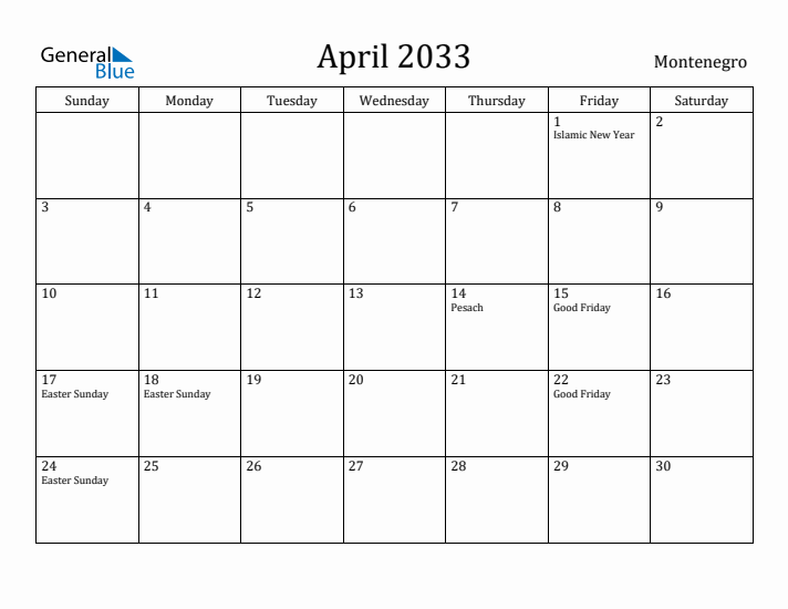 April 2033 Calendar Montenegro