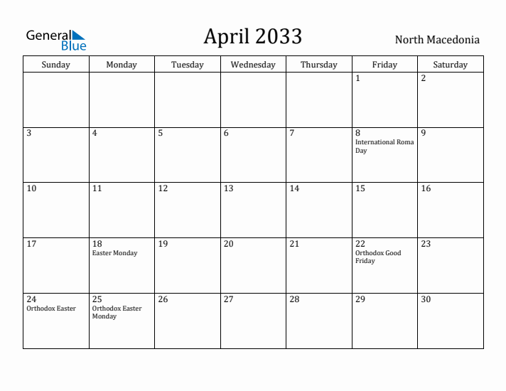 April 2033 Calendar North Macedonia