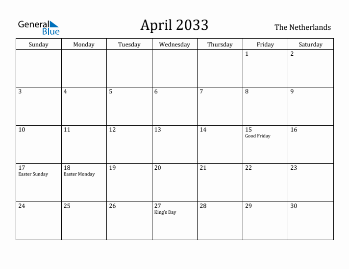 April 2033 Calendar The Netherlands