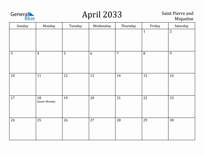 April 2033 Calendar Saint Pierre and Miquelon