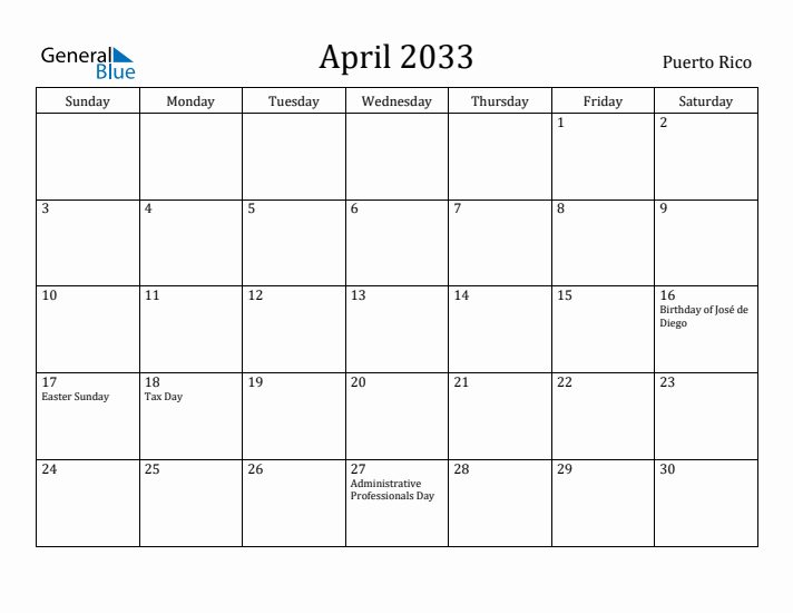 April 2033 Calendar Puerto Rico