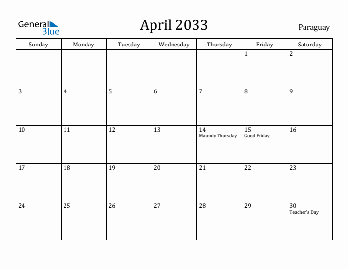 April 2033 Calendar Paraguay