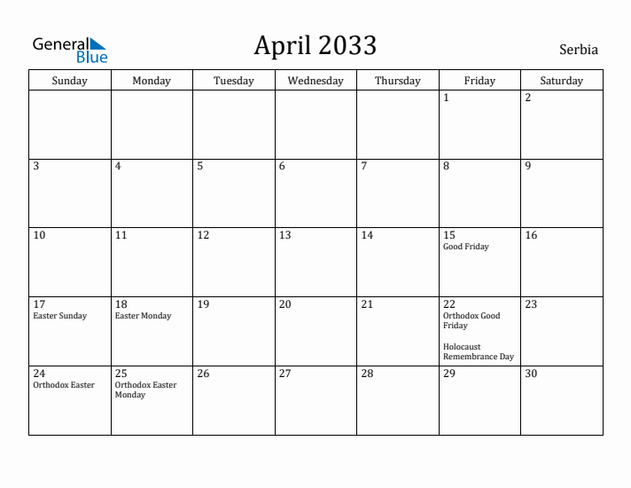 April 2033 Calendar Serbia