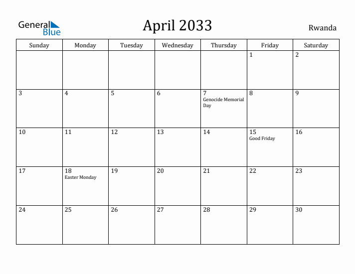 April 2033 Calendar Rwanda