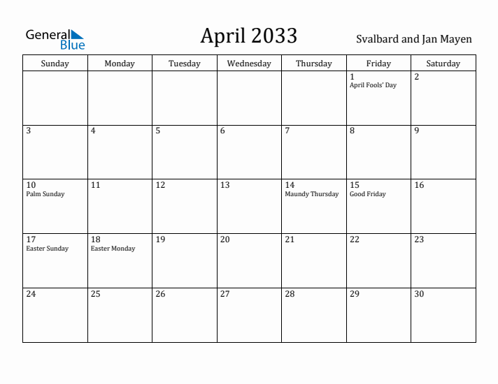 April 2033 Calendar Svalbard and Jan Mayen
