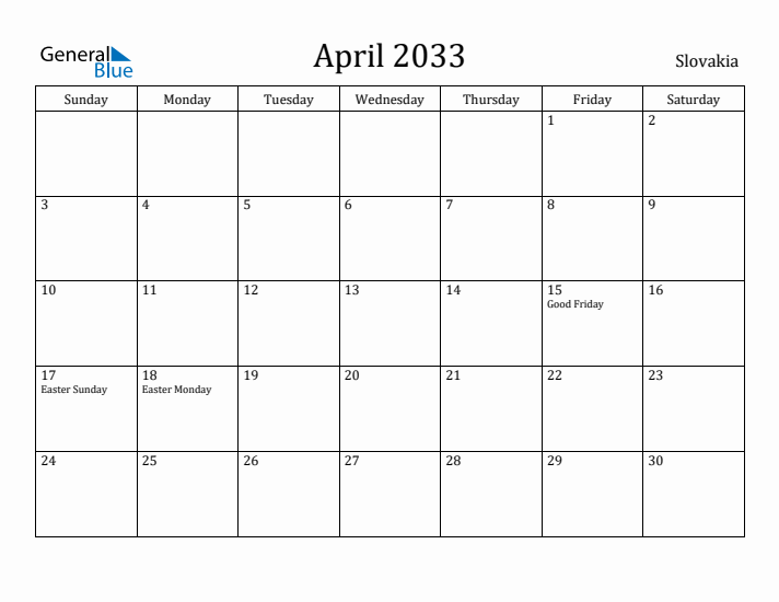 April 2033 Calendar Slovakia