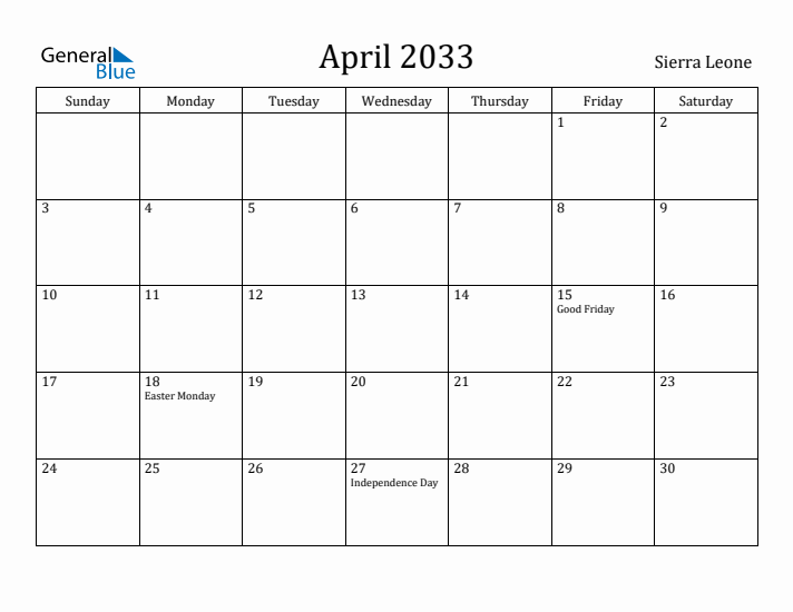 April 2033 Calendar Sierra Leone