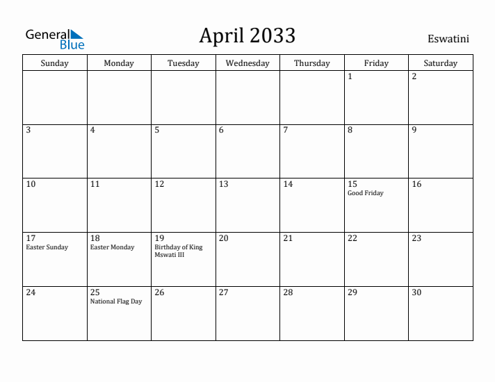 April 2033 Calendar Eswatini