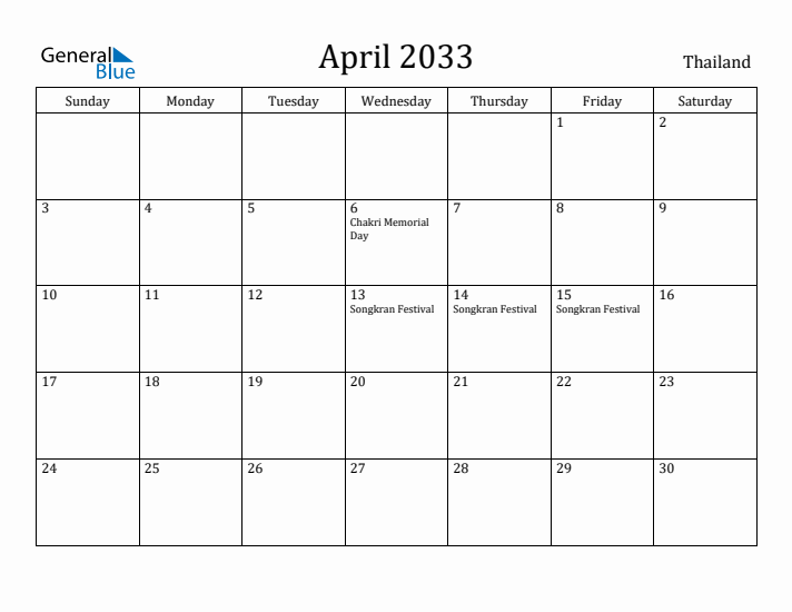 April 2033 Calendar Thailand