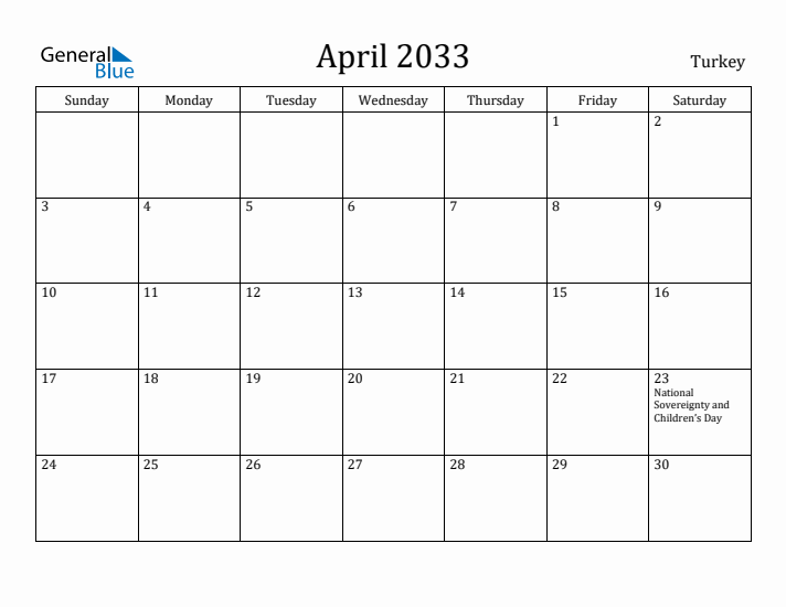 April 2033 Calendar Turkey