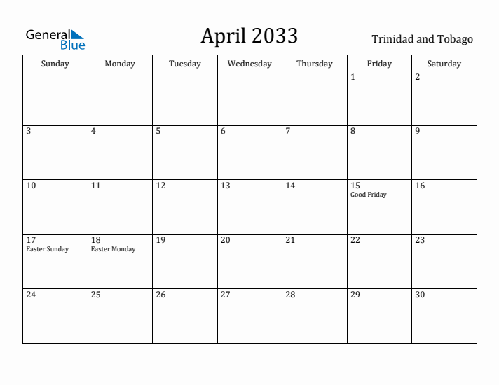 April 2033 Calendar Trinidad and Tobago
