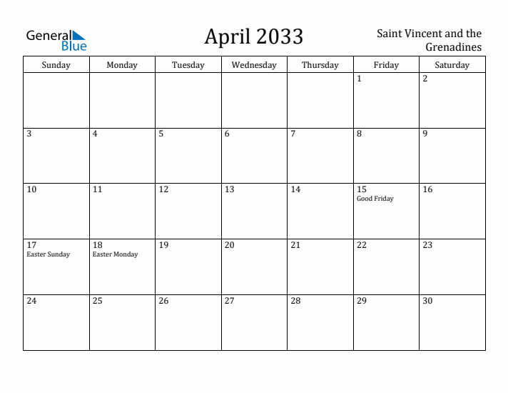 April 2033 Calendar Saint Vincent and the Grenadines