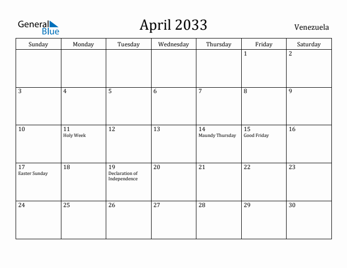 April 2033 Calendar Venezuela