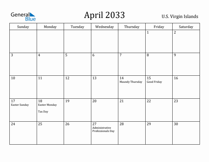 April 2033 Calendar U.S. Virgin Islands