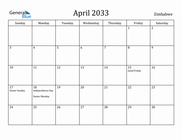 April 2033 Calendar Zimbabwe