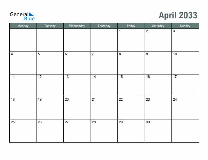 Free Printable April 2033 Calendar