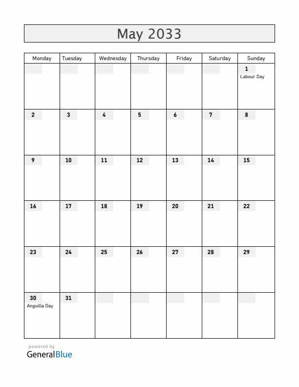 Anguilla May 2033 Calendar with Holidays