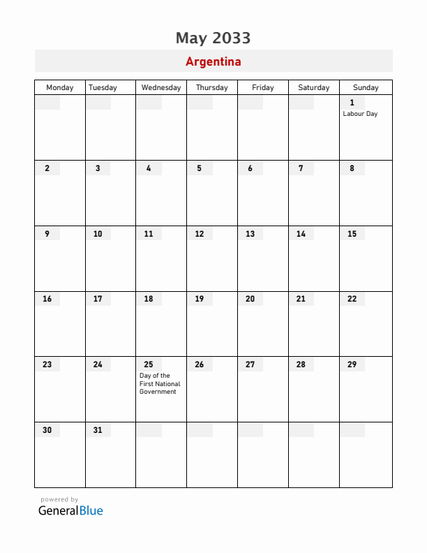 Argentina May 2033 Calendar with Holidays