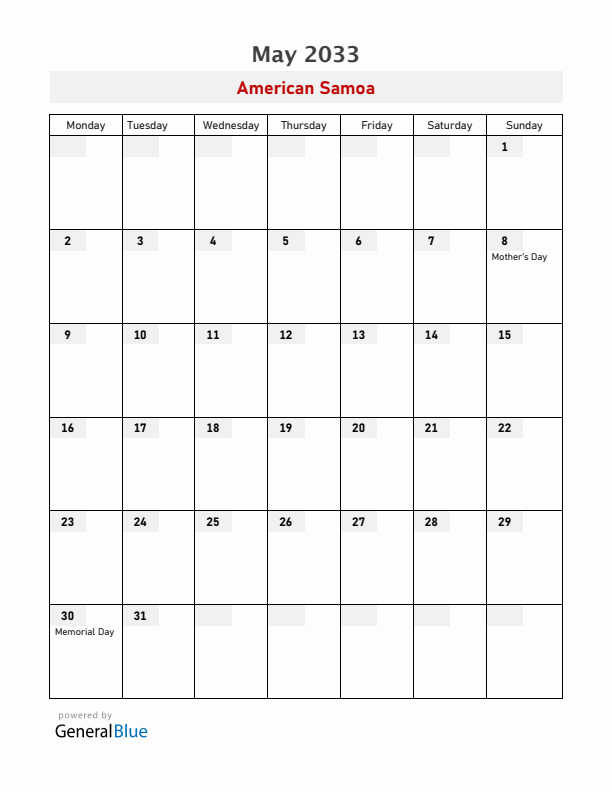 American Samoa May 2033 Calendar with Holidays