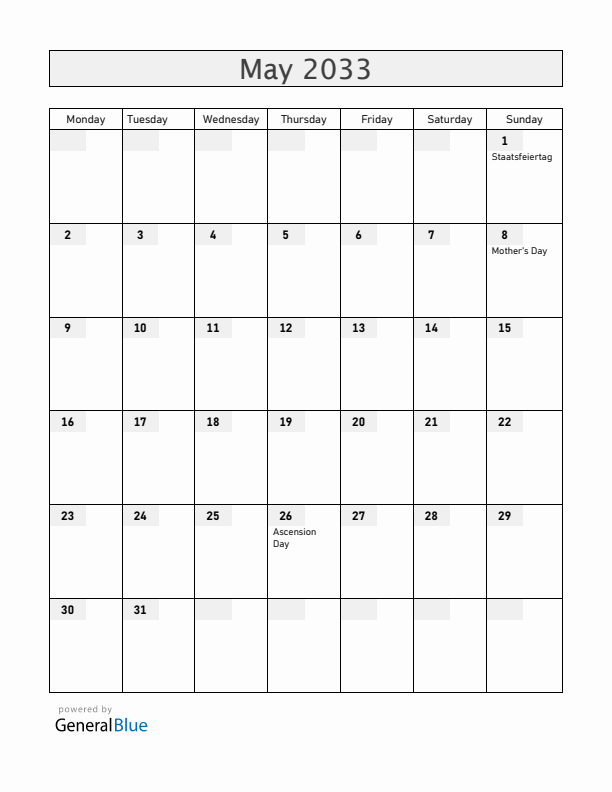 Austria May 2033 Calendar with Holidays
