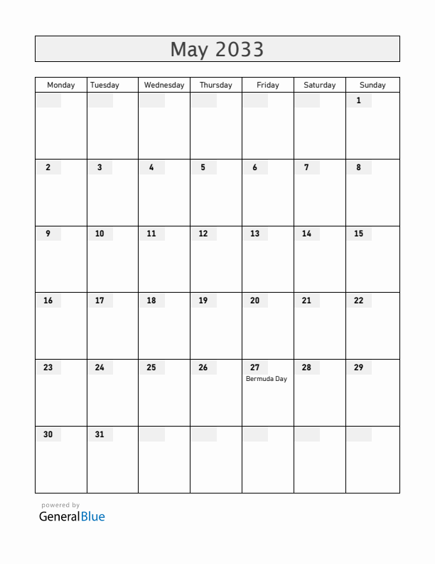 Bermuda May 2033 Calendar with Holidays