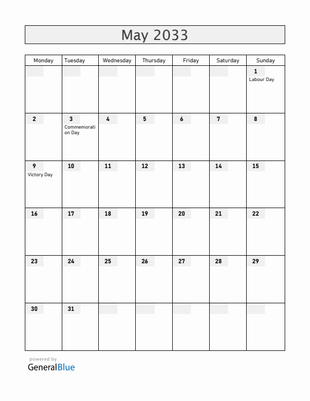 Belarus May 2033 Calendar with Holidays