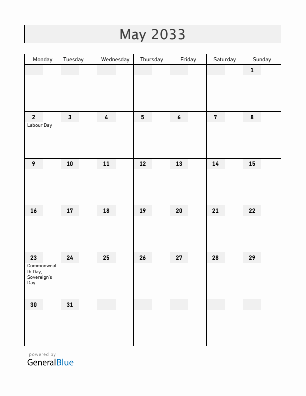 Belize May 2033 Calendar with Holidays