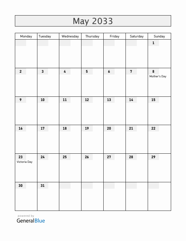 Canada May 2033 Calendar with Holidays