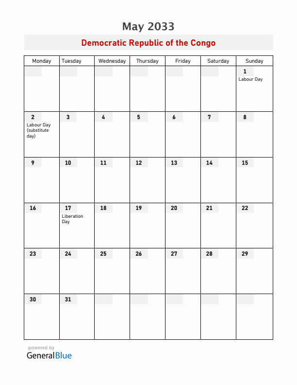 Democratic Republic of the Congo May 2033 Calendar with Holidays