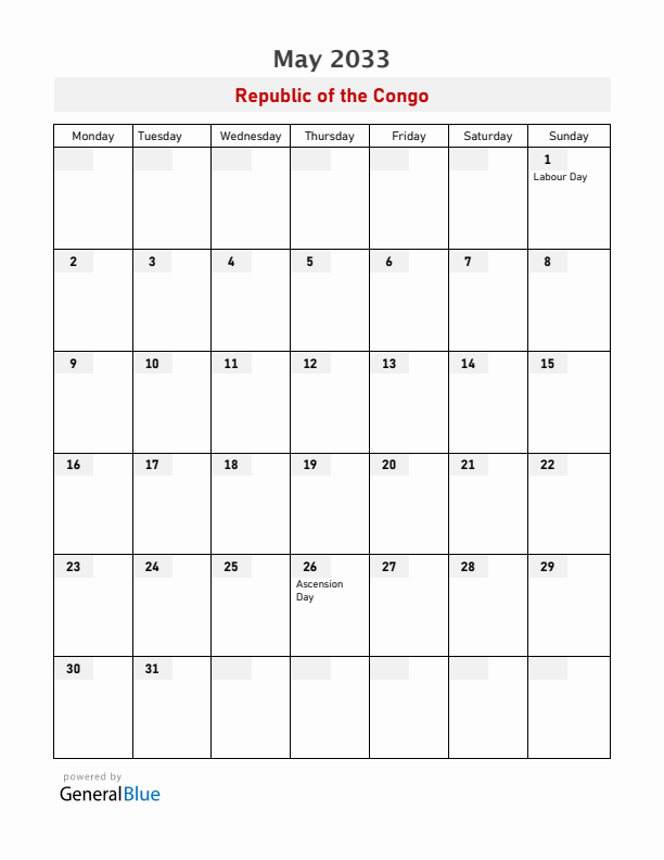 Republic of the Congo May 2033 Calendar with Holidays