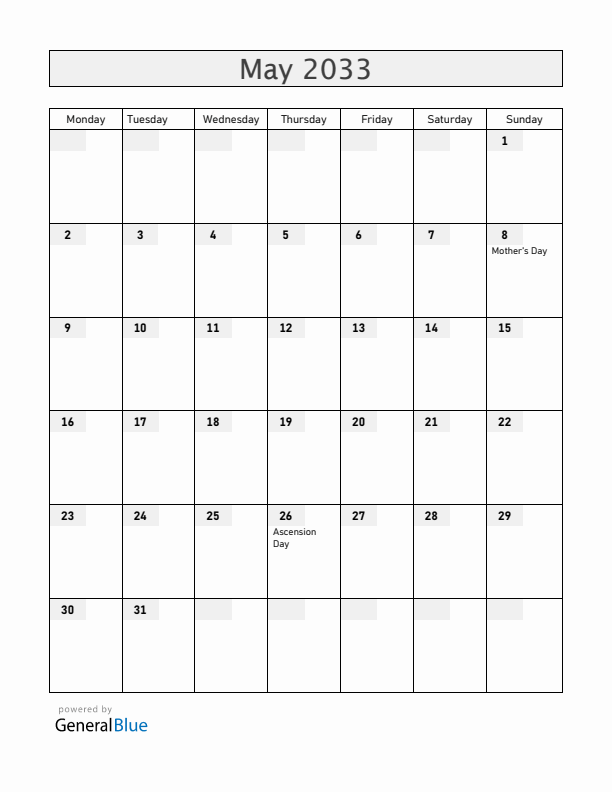 Switzerland May 2033 Calendar with Holidays