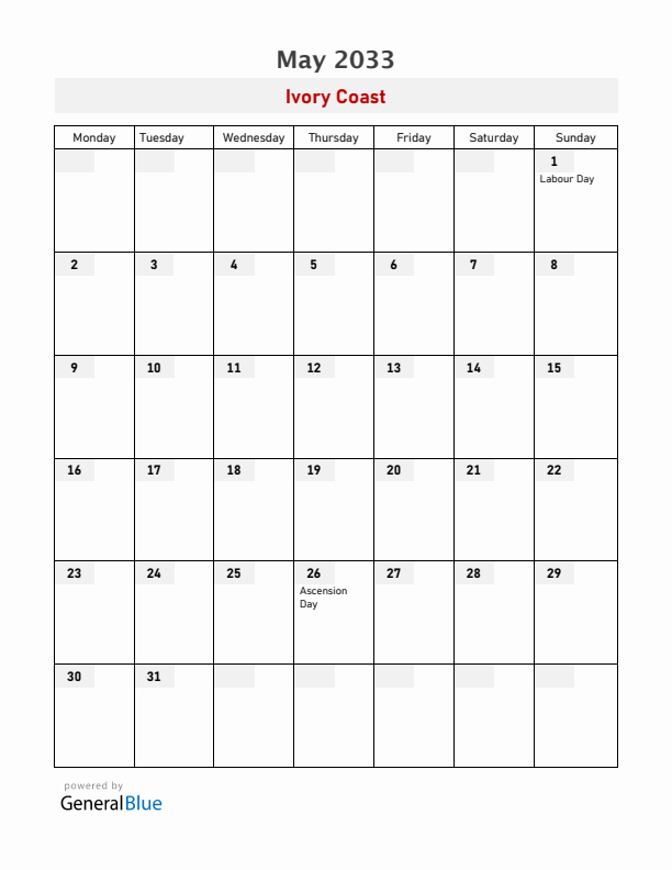 Ivory Coast May 2033 Calendar with Holidays
