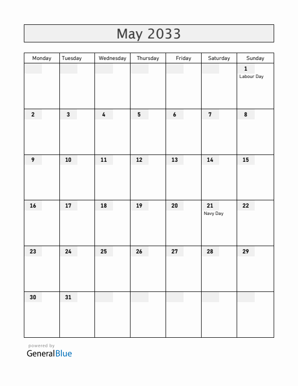 Chile May 2033 Calendar with Holidays