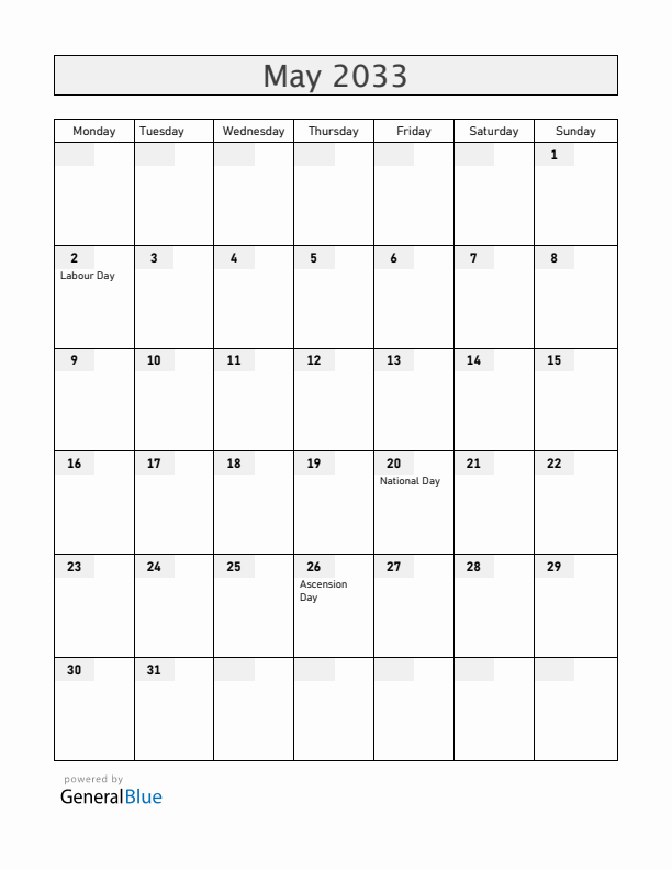 Cameroon May 2033 Calendar with Holidays