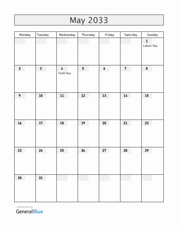 China May 2033 Calendar with Holidays