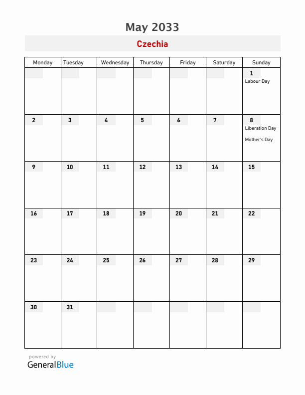 Czechia May 2033 Calendar with Holidays