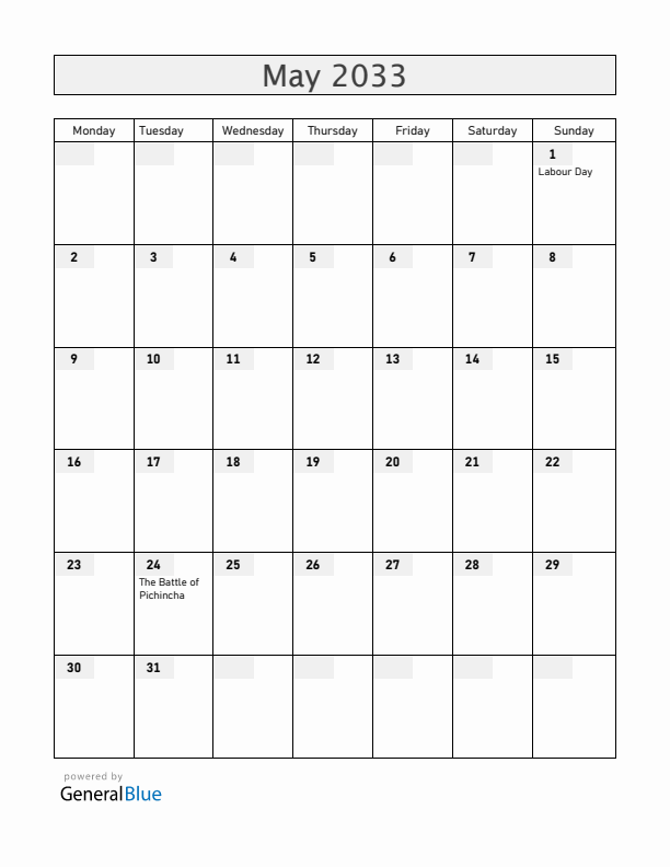 Ecuador May 2033 Calendar with Holidays