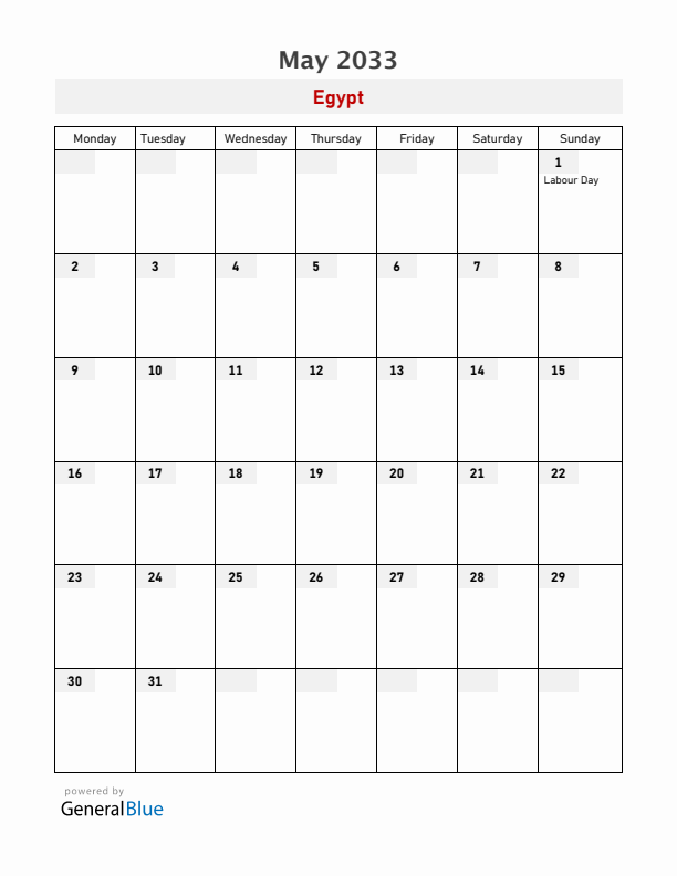Egypt May 2033 Calendar with Holidays