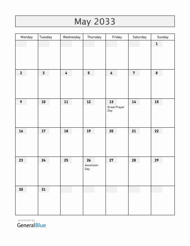 Faroe Islands May 2033 Calendar with Holidays