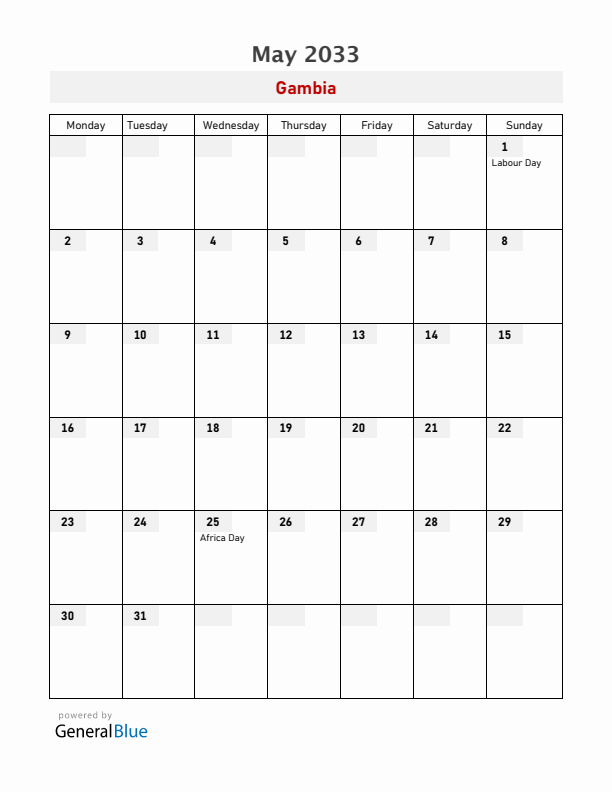 Gambia May 2033 Calendar with Holidays