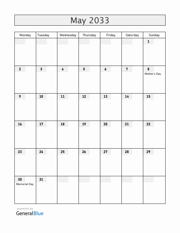 Guam May 2033 Calendar with Holidays