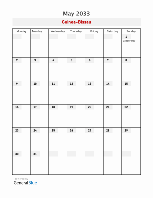 Guinea-Bissau May 2033 Calendar with Holidays