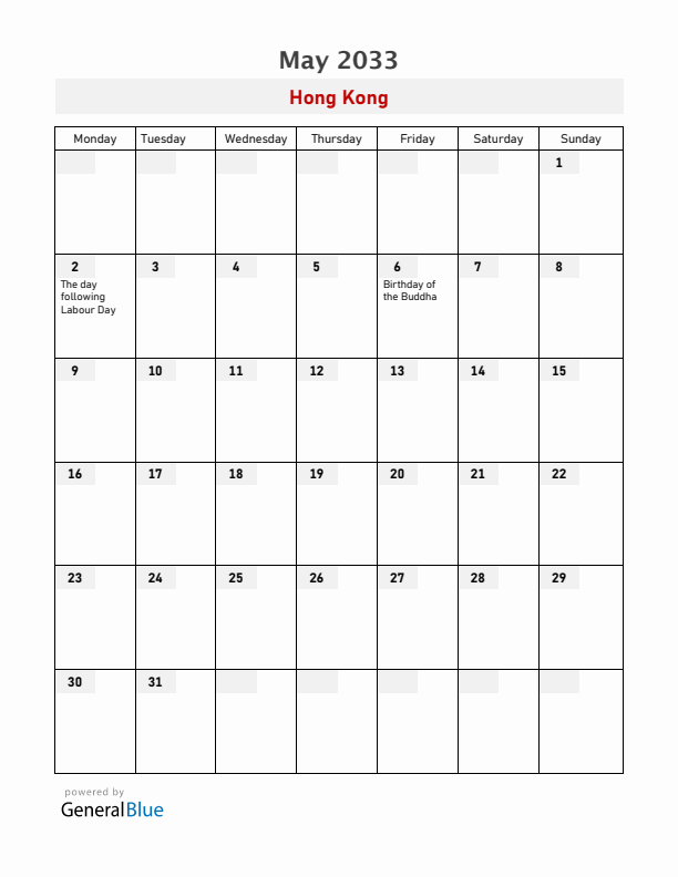 Hong Kong May 2033 Calendar with Holidays