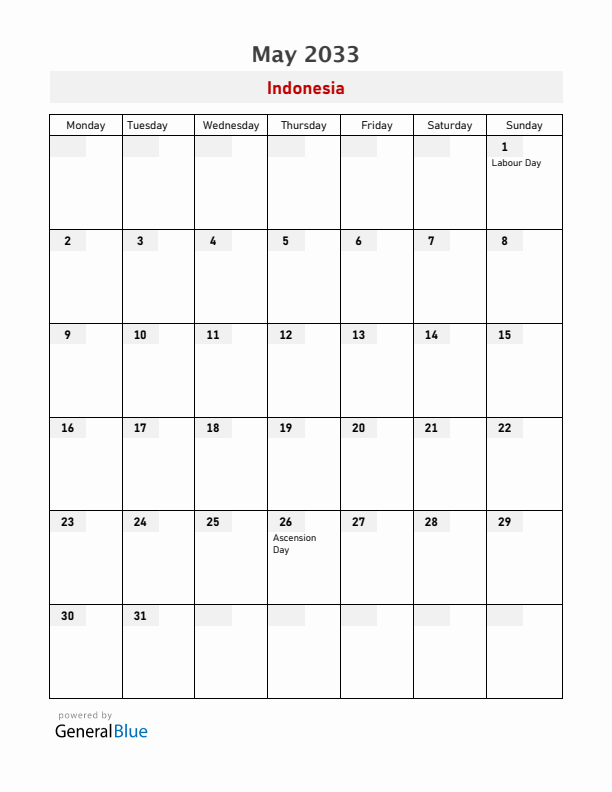 Indonesia May 2033 Calendar with Holidays